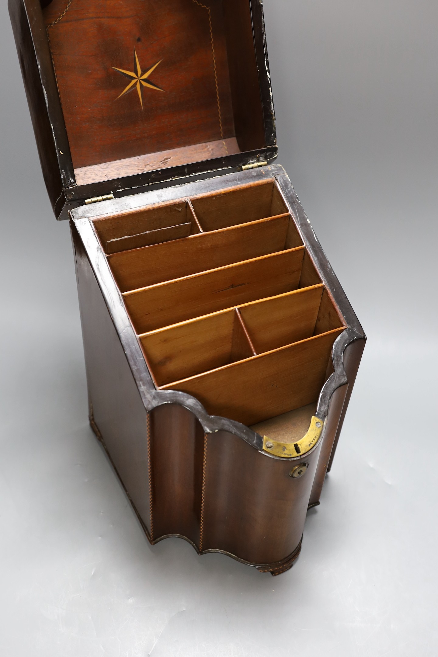 George III inlaid mahogany knife box, converted to a stationary box, 38 cms high